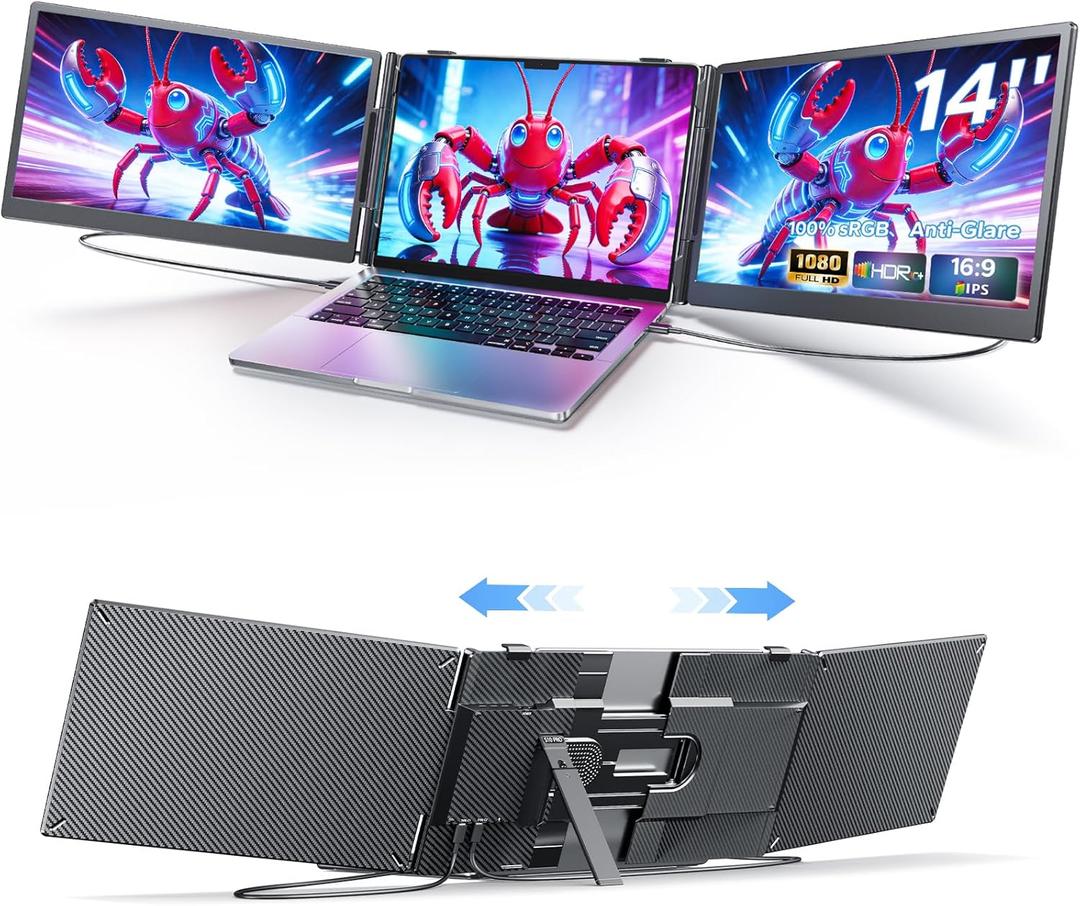 Laptop Screen Extender, Triple Screen Laptop Monitor Extender for 13-17.3 Laptop, 14 1080P FHD IPS Portable Monitor with 100% sRGB, Plug & Play Monitor Extension for Business Travel,Coding & Gaming