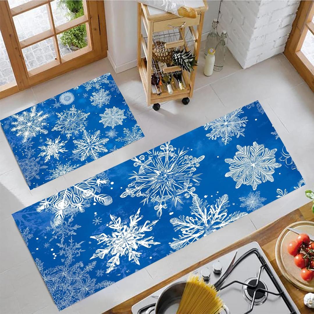 Royal Blue Kitchen Rugs, Hand-Painted Snowflakes Non Skid Washable Comfort Mats for Floor, Anti Fatigue Kitchen Cushioned Runner Rug Christmas Theme Decor Set of 2, 20"X30"+20"X59"