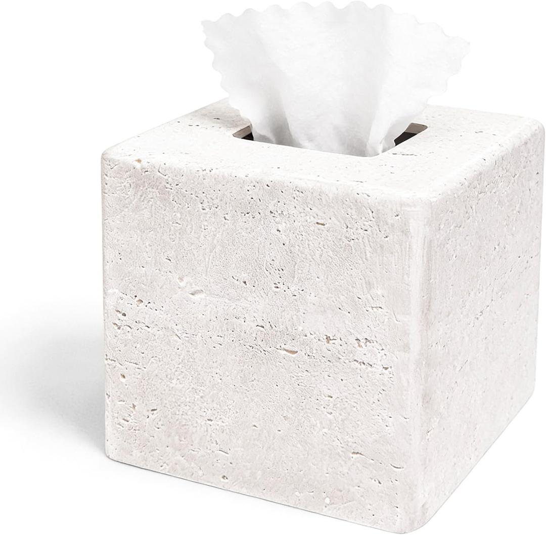 Decorative Square Tissue Box Cover  White Resin Tissue Holder for Bathroom, Bedroom, Countertop, Modern Stone-Look Tissue Box