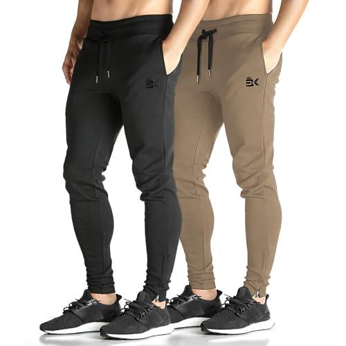 BROKIG Mens Zip Joggers Pants Casual Gym Workout Track Pants Tapered Sweatpants with Pockets (Small, 2 Pack Khaki + Black)