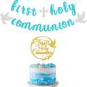 2 x First Communion Decorations, First Holy Communion Banner and First Communion Cake Topper, Baptism Decorations for Boys Girls (blue gold)
