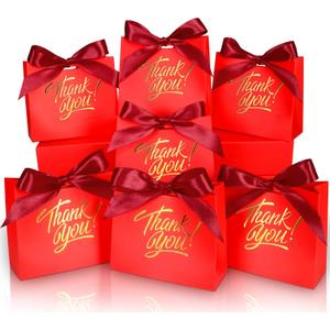 100 Pack Small Thank You Gift Bags, 4.5x1.8x3.9in Party Favor Bags Boxes with Bow Ribbon, Small Paper Gift Bags with Gold Foil Printed, Mini Candy Treat Bags for Birthday Wedding Party Holiday (Red)
