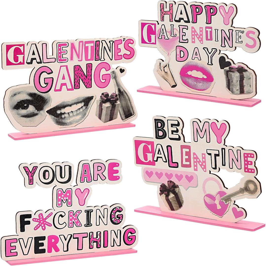 Thyle 4 Pcs Galentines Day Decorations Wooden Table Decor Happy Galentines Sign Centerpiece Photo Props for Bestie Friends Valentines Party Supplies Accessories