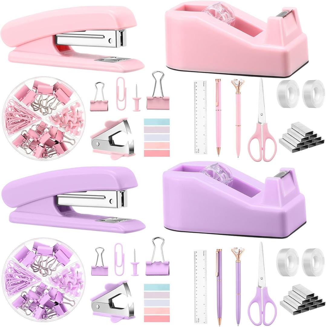 2 Set Mini Office Supplies Set Stapler and Tape Dispenser Kit for Women Desk Sets and Accessories Office Supply Kit, 1000 Staples, Staple Remover, Scissors, Pen, Tabs, Ruler, Clips