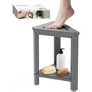 Shower Foot Rest 15in, HDPE Waterproof Shower Stool for Inside Shower, Corner Shower Stool for Shaving Legs with Storage Shelf for Small Space, Shower Step Stool, Plastic Corner Shower Bench, Grey