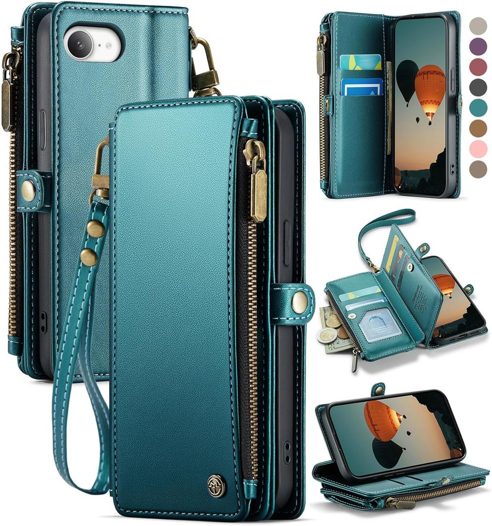Defencase for iPhone 16E Case Wallet with RFID Blocking Card Holder Slots for Women Men, Elegant PU Leather Magnetic Snap Flip Wristlet Strap Zipper Wallet Phone Cases for iPhone 16e 2025, Green