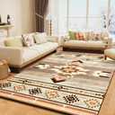 Western Rugs for Living Room, Non Slip Rustic Rug for Bedroom Dining Table Kitchen, Washable Aesthetic Area Rugs for Home Decor, 5ft x 7ft, Warm Beige