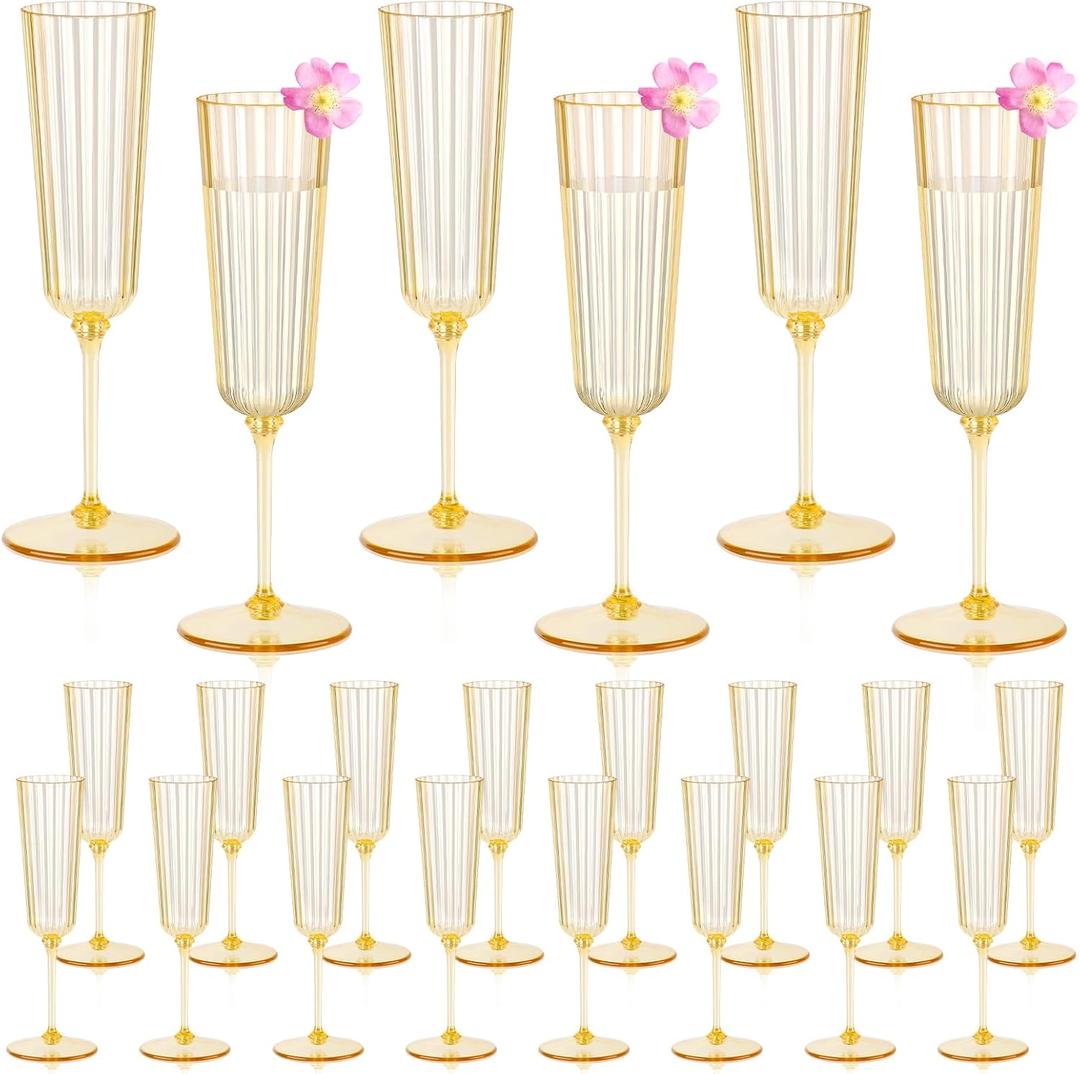 24 Pack Plastic Champagne Glasses Gold Unbreakable Ribbed Champagne Flutes Detachable 5.5 Oz Disposable Wine Stemware Glasses Toasting Cups for Wedding Baby Shower Engagement Thanksgiving Christmas