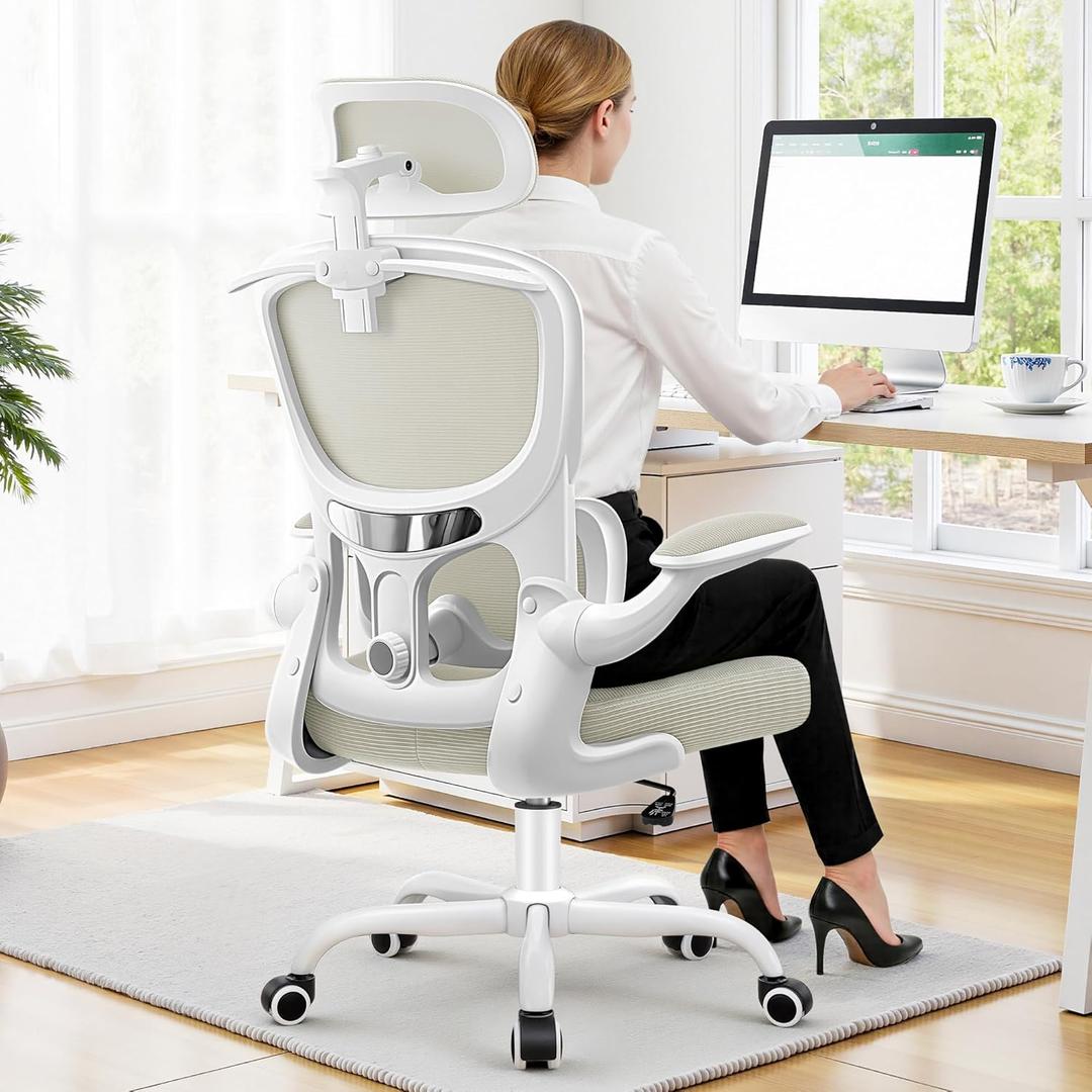 Ergonomic Office Chair, Mesh Desk Chair with Lumbar Support, High Back Home Office Chair with Adjustable Headrest and Flip-Up Arms, Comfortable Computer Chair, Thick Cushion, 300 LBS, White (1 Pack)