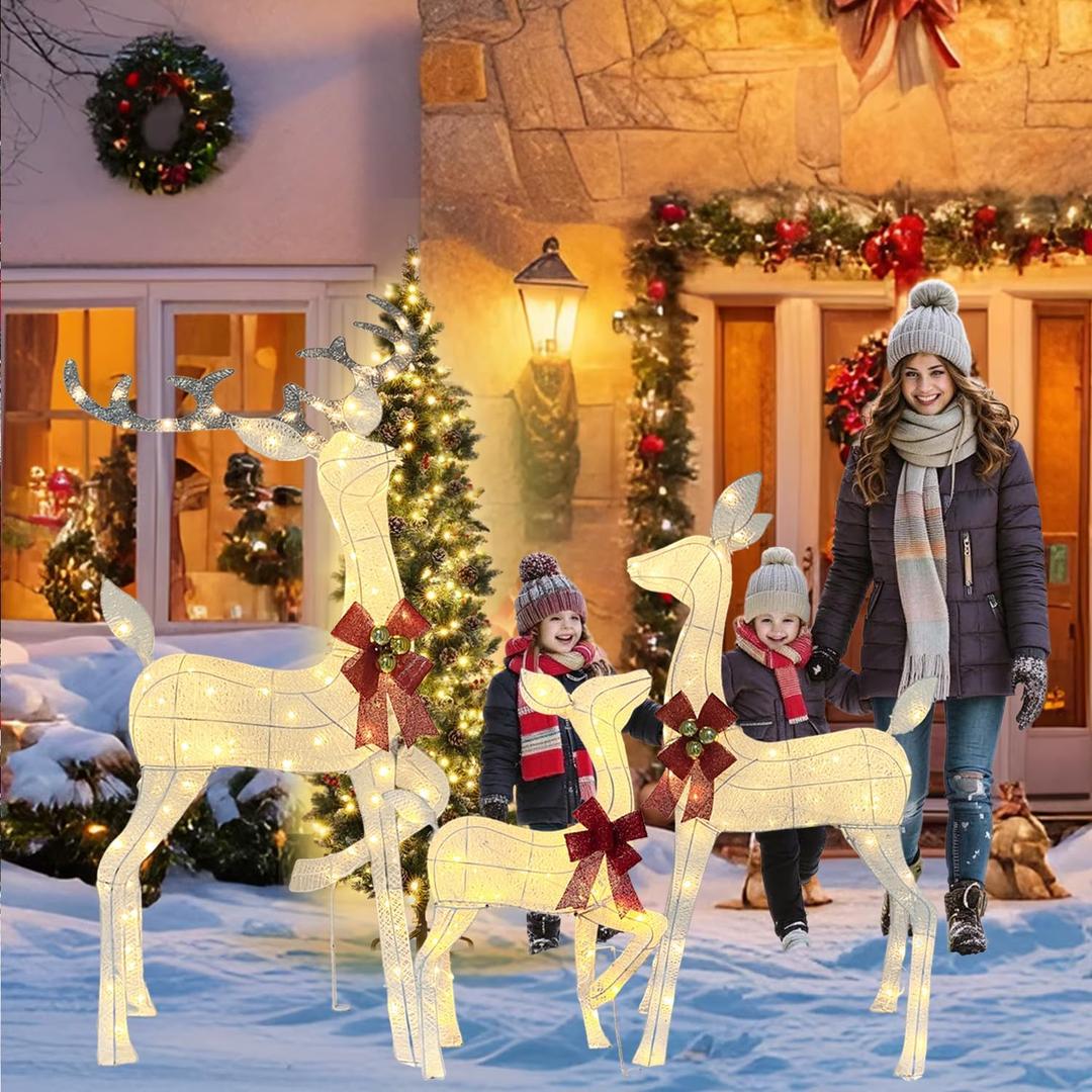 4.6ft Outdoor Lighted Reindeer Christmas Decorations, 3Pcs Handmade Deer Set with 240 LEDs, Weatherproof Safe Material Metal Frame for Yard, Garden, Indoor Holiday Decor, White, Plug and Play