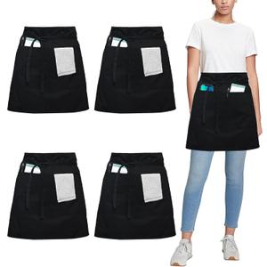 4 Pack Short Server Waitress Chef Apron, Black Waist Aprons with 3 Pockets for Women Men, Half Apron for Waiter Cooking Dishwashing Cleaning Painting Gardening Barbecue (Polycotton - Black)
