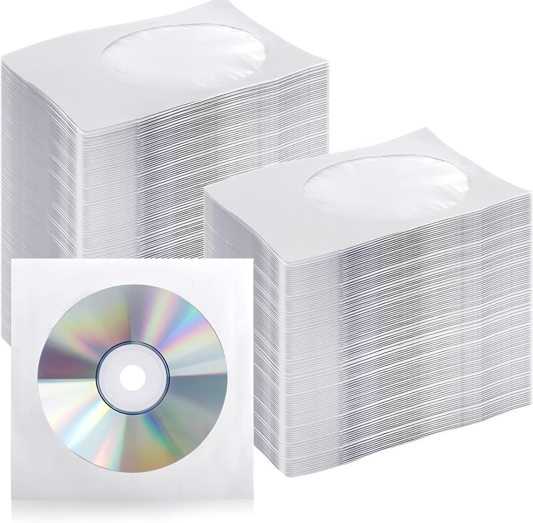 Fasmov 1000 Pack Thick White Paper CD DVD Sleeves Envelope with Clear Window and Flap, Dust Proof Protective Disc Storage for Music, Movies and Home Office
