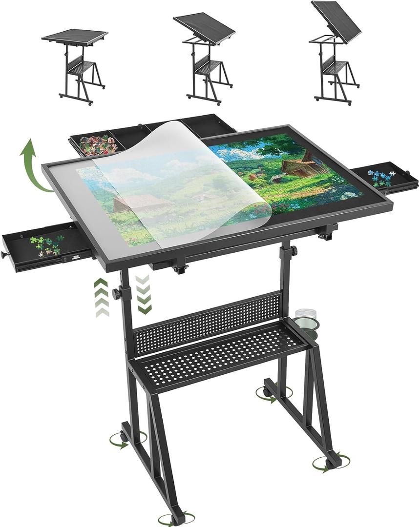 1500 Pieces Jigsaw Puzzle Board for Adults, 13-Tilting-Angle & Height Adjustable Table with Legs and Wheels, Metal Puzzle Table with 6 Felt Trays, Transparent Cover, Non-Slip Felt Surface