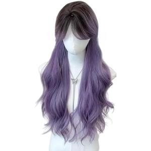 Dainty Wig, Grayish Purple Gradient Wig Long Loose Wavy Hair Natural Lolita Wig with Bangs Synthetic Hairpiece for Party