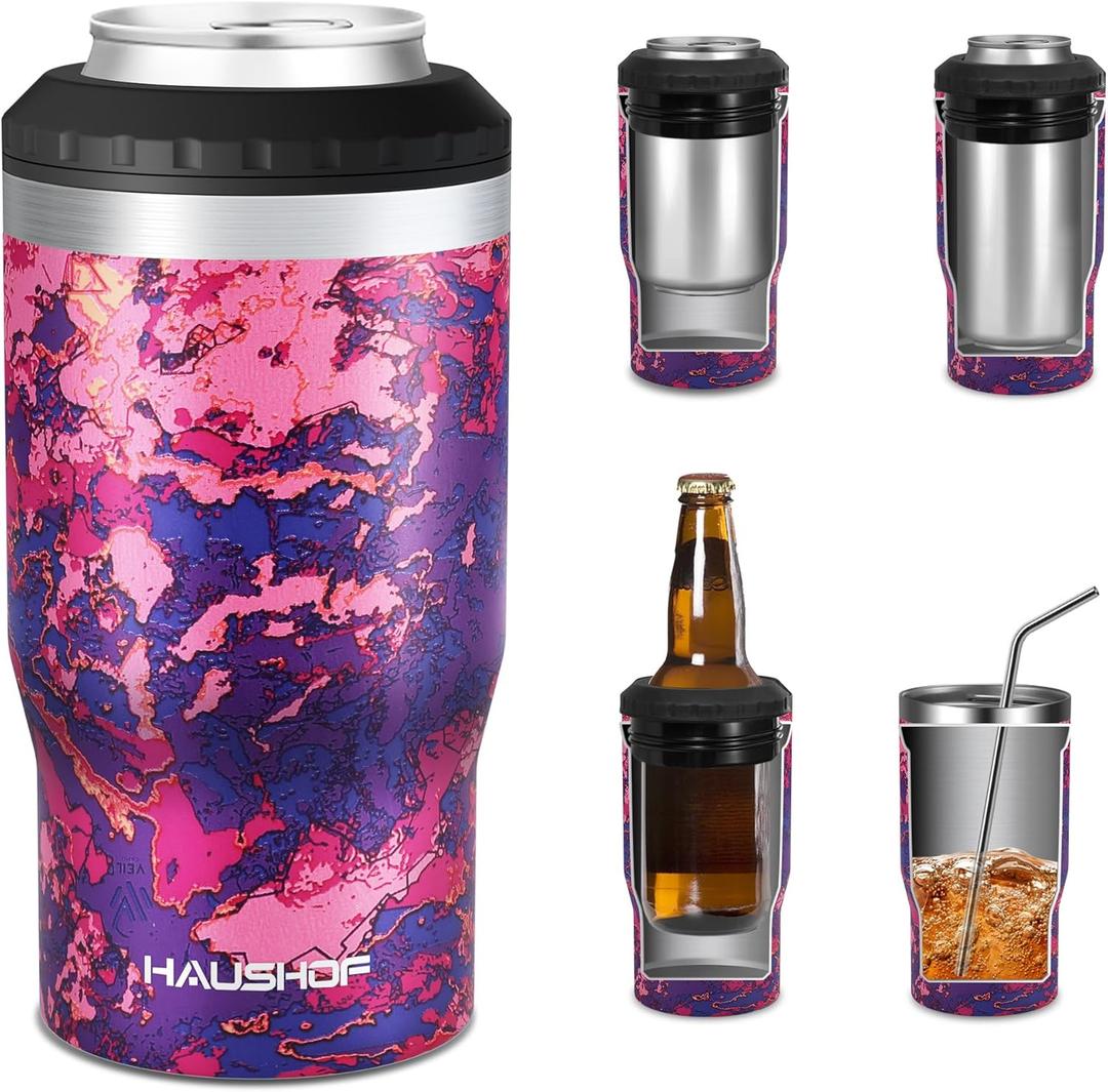 HAUSHOF Can Cooler, 12 oz Slim Can Cooler, 4 in 1 Insulated Beer Can Cooler, Fits for 12 oz Standard Can|12 oz Slim Can|12 oz Beer Bottle, Perfect for Camping, Beach, Picnic (Camo Red)
