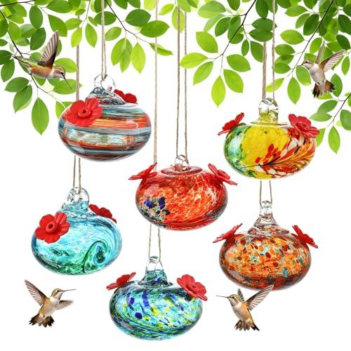 kanpura 6 PCS Hummingbird Feeders for Outdoors Hand Blown Glass Hummingbird Feeder with 2 Flower Feeding Ports Never Fade, Gardening Gifts for Woman Man
