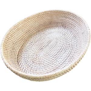 amololo16" Oval White Rattan Fruit Serving Basket with 4inch High Wall,Home Dcor Wicker Basket Tray Large Rattan Dining Table Centerpiece Bowl for Various Things,Bread,Snack,Odds and Ends (Wash White (15.7"x13.4x4")