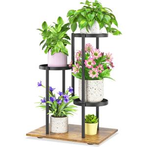 iDavosic.ly 3 Tier Plant Stand Indoor Outdoor, Tiered Corner Multiple Flower Pot Holder Shelf, Metal 23 Inch Tall Display Rack for Patio Porch Living Room Garden Balcony, Modern Black & Rustic Brown