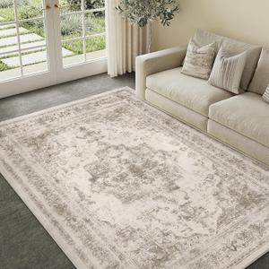 Vintage Area Rug 6x9 Indoor Living Room Taupe Washable Medallion Large Carpet Traditional Retro Accent Throw Rug Low Pile Non Slip Distressed for Kitchen Office Dining Room Bathroom Bedroom (6' x 9' (Rectangular), Distressed | Taupe)