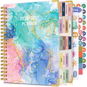 Planner 2026-2027, 18 Months Weekly and Monthly Daily Planner from January 2026 - June 2027, 5.75" x 8.38" A5 Hardcover Agenda Organizer Book 2026 with Tabs, Spiral Yearly Calendar Planners for School Work Home, Pink Blue Marble
