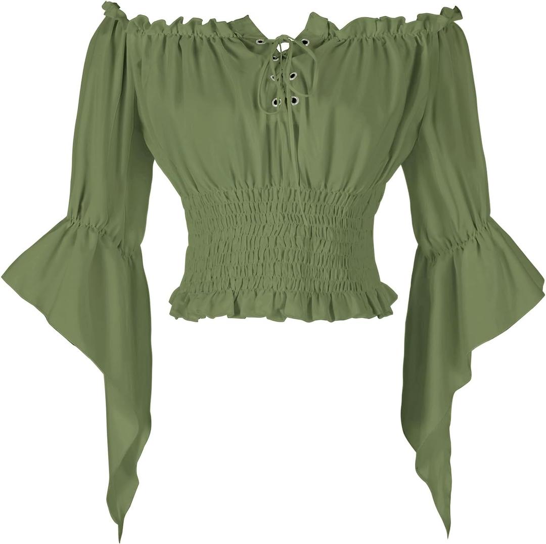 Womens Renaissance Peasant Blouse Off Shoulder Trumpet Sleeve Tops (Small, Green)