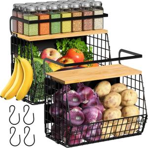 2 Set Magnetic Shelf for Refrigerator with Wood Lid, Fruit Potato & Onion Storage Bins, Pantry Organizers & Storage, Large Container Magnetic Spice Rack for Refrigerator, Kitchen Counter, Cabinet