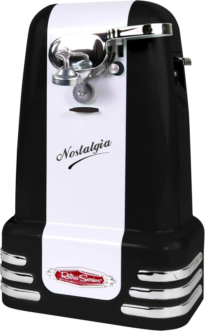Nostalgia Retro Electric Can Opener for Kitchen with Magnetic Lid Remover, Knife Sharpener, and Soda or Beer Bottle Opener, Black