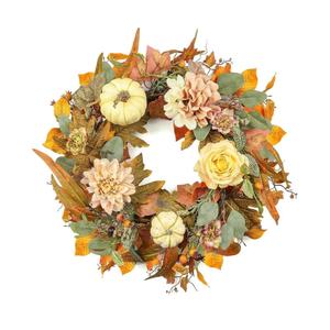 Fall Door Wreath with Pumpkins and Maple Leaves, Autumn Harvest Wreath with Berries, Indoor Outdoor Thanksgiving Halloween Decoration (Model B)