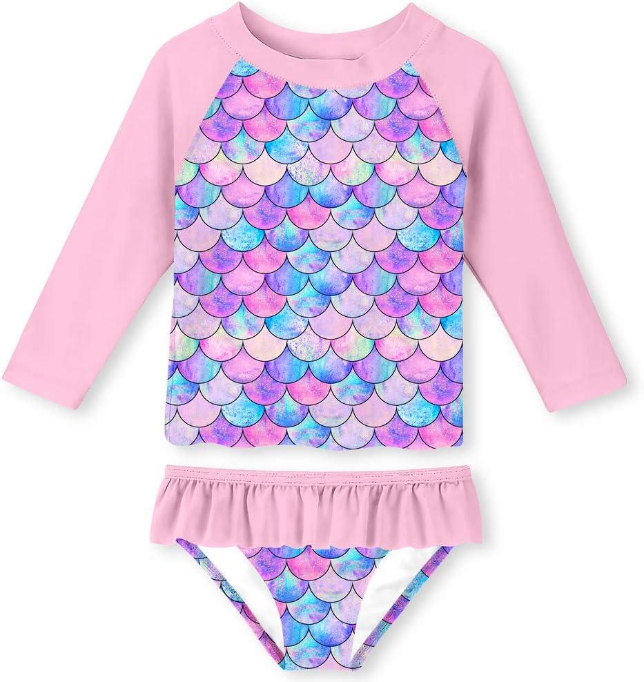 Lovekider Little Girls Swimsuits Two Pieces Swimwears Rash Guard Set Long Sleeve UPF50+ Bathing Suit for Beach 2-8T (7-8 Years, Mermaid Scales Colorful)