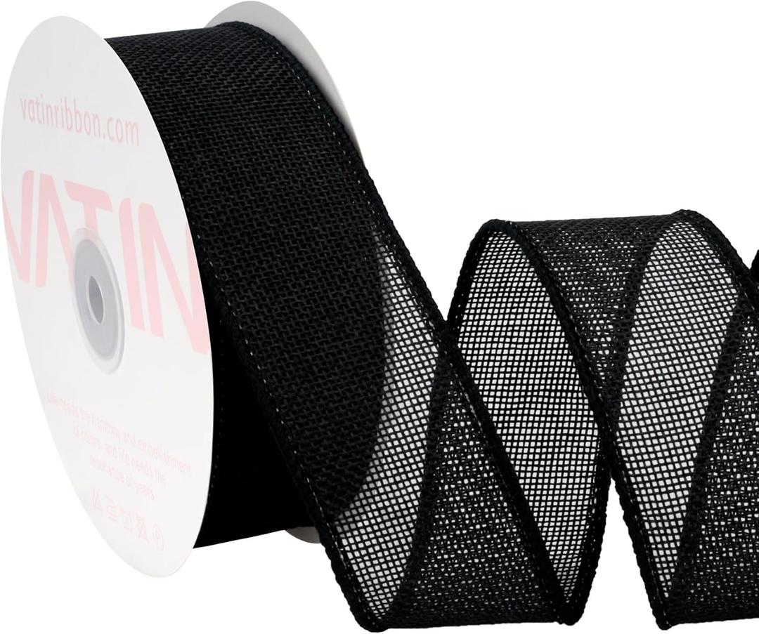 VATIN Black Burlap Wired Ribbon 1-1/2 inch X 10 Yards Fabric Craft Ribbon for Party Decorations,Big Bow,DIY Wreath Craft, Outdoor Decoration