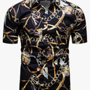 fohemr Mens Black Gold Dress Shirts Luxury Short Sleeve Chain Print Shirt Baroque Casual Button Down Design Buchona Shirts, Size XXL