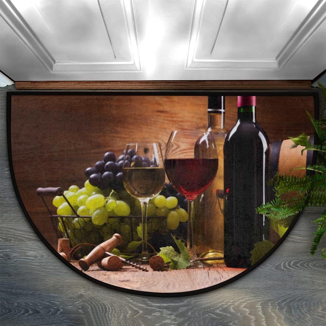 Red White Grapes Wine Half Round Door Mat Indoor Entrance Mat, Absorbent Doormats Area Rugs Non-Slip Semi Circle Floor Mats for Home Kitchen 16x24 Inch