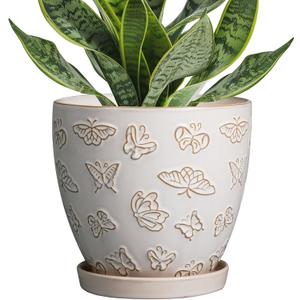 Ceramic Planter Pot - 6.8 Inch Plant Pot with Drainage Hole and Saucer, Succulent Round Flower Pot for Plants Indoor Outdoor, White