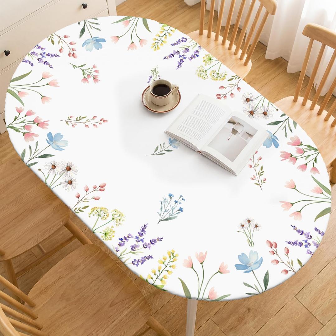 Horaldaily Spring Fitted Tablecloth 68 x 48 Inch Oval, Spring Daisy Tulips Lavender Floral Washable Table Cover Elastic Edged for Dinning, Picnic, Camping, Banquet