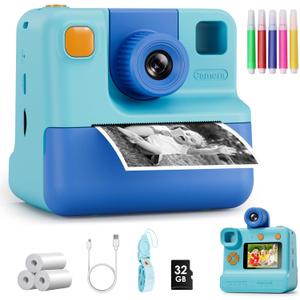 Kids Camera Instant Print, Christmas Birthday Gifts for Girl Boys 3-12 Years Old, FHD Selfie Digital Video Cameras Toddler 3 Rolls Print Paper & 32G Card (Blue)