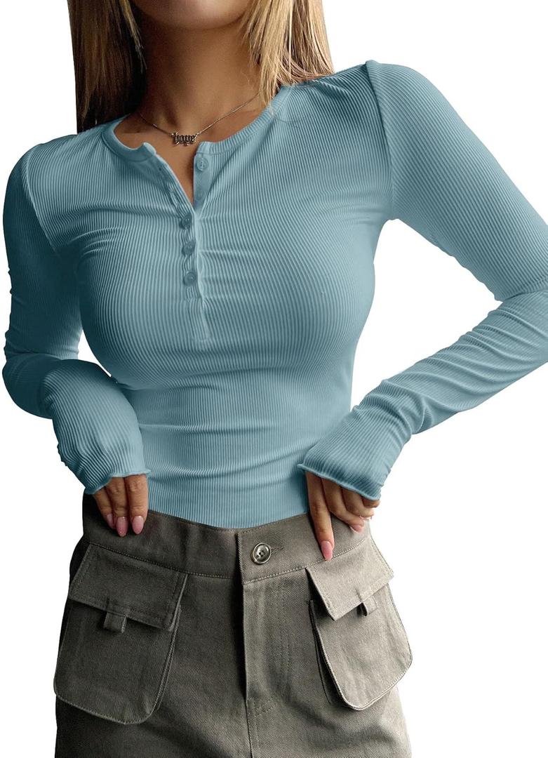 Women's Long Sleeve Tee Shirts Button Down Slim Fitted Basic Henley Tops Fall Ribbed Knit Shirts (Blue, XL)