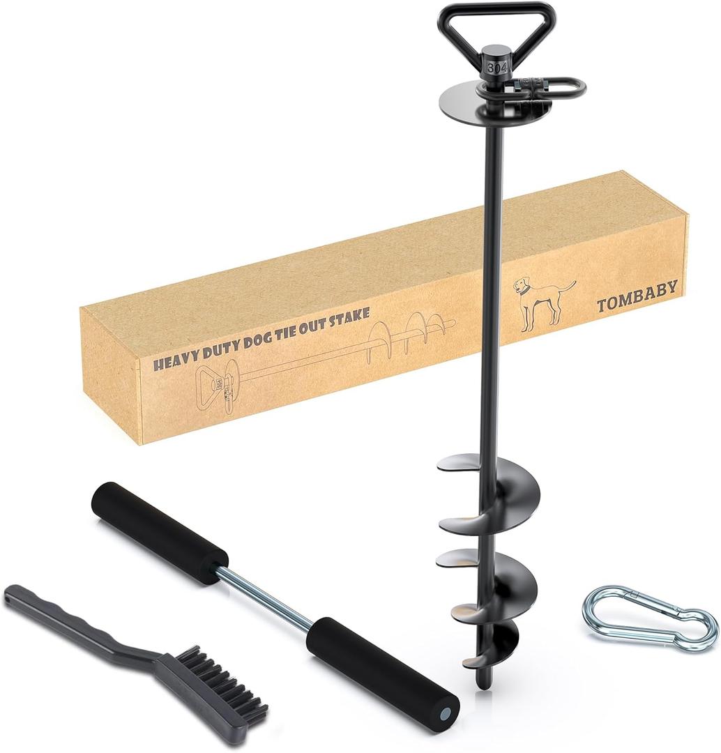 TOMBABY Dog Tie Out Stake-Heavy Duty 304 Stainless Steel Dog Runner, Ground Anchor with 360° Swivel & Anti-Tangle,Use Any for to 210LBS Dogs- Dog Stakes for Outside Camping, Suitable for Any Dog Cable (17''black)
