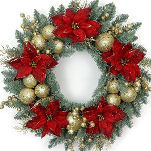 Christmas Wreath for Front Door 24 Inch Artificial Christmas Wreath, with Pine Needles, Red & Gold Berries Decorations Accents, for Decor Indoor/Outdoor Christmas Decoration (Poinsettia)