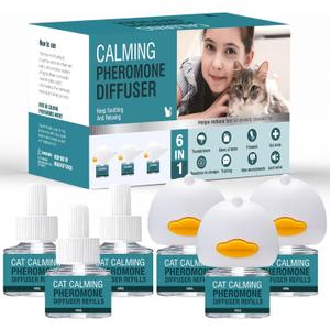Cat Calming Diffuser 6 in 1 Multicat Calming Pheromones Diffusers Relief Stress Anxiety Fighting Scratching 90 Days Calm Relaxing Pheromone for Cats kit 48ml Refill Fits All Common Diffuser Plug In