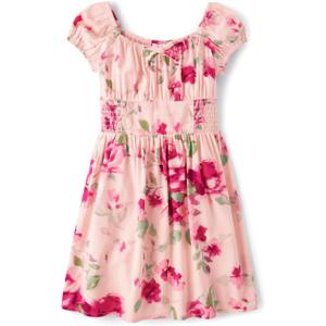 The Children's Place Girls' Short Sleeve Smocked Summer Dresses (XX-Large, Crystal Pink Floral)