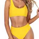 Tempt Me Women Neon Yellow Scoop Neck Bikini Crop Top High Cut Two Piece Swimsuit Sporty High Waisted Bathing Suit S