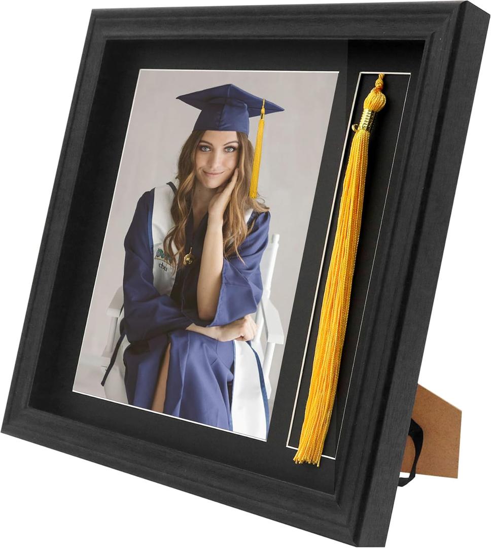 FramePro 8x10 Graduation Picture Frame with Tassel Holder - Wooden Frame with Real Glass, Wall & Tabletop Display for Grad Photo & Tassel Keepsake, Black/Black Mat