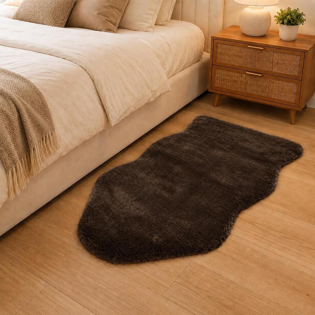 For Bedroom Dorm Nursery – 2x3 Faux Sheepskin Rug, Fluffy Soft Shaggy Area Rug, 18mm Thick Fluffy Pile 1100GSM Microfiber, Washable Non-Slip TPE Backing, Small Furry Carpet for Bedside, Brown