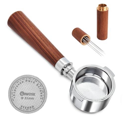 GIWOSK 51mm Bottomless Portafilter 2 Ears Stainless Steel Espresso Portafilter Compatible with Delonghi ECP3420/EC155/BCO430/EC260 with Puck Screen Coffee Needle and Walnut Handle