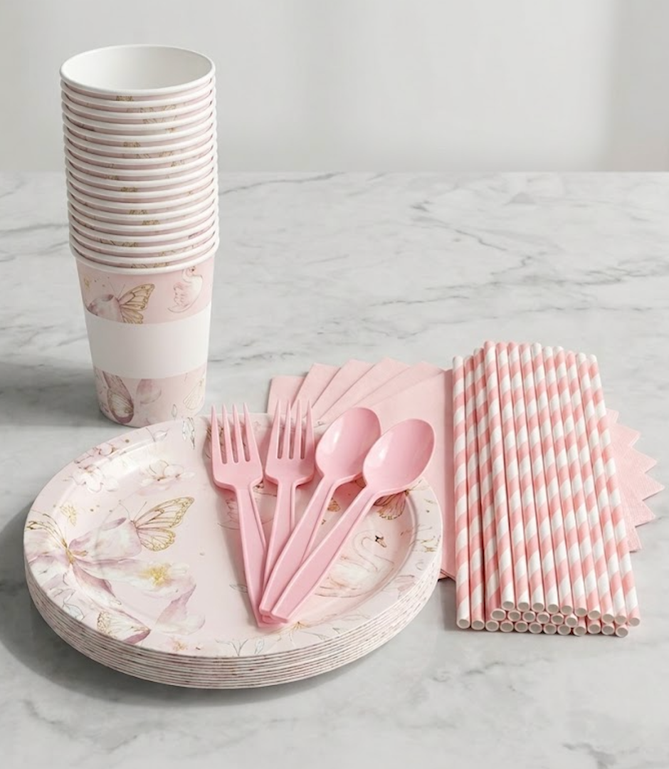 250 Pcs Pink Paper Plates and Napkins - 50 Guest Light Pink Party Supplies Include Scalloped Plates Cups Plastic Spoons Forks Knives for Baby Shower Birthday Party