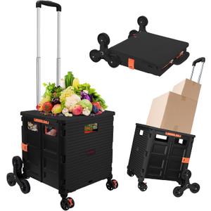 Foldable Utility Cart Collapsible Crate Rolling Carts with Stair Climbing Wheels Rolling Tote Basket Teacher Cart with Lid Wear-Resistant 360°Rotate Wheel Noiseless for Shopping Grocery Office