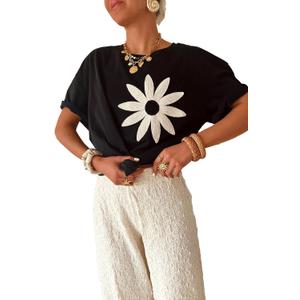 Women's Loose Fit Short Sleeve T-Shirt with Crochet Daisy Solid Color Casual Tops for Daily Wear (Black, M)