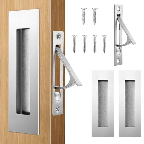 HBL' Pocket Door Hardware Set – 2 Recessed Flush Finger Pulls & 1 Edge Pull, Made of 304 Stainless Steel, Template Included, Silver