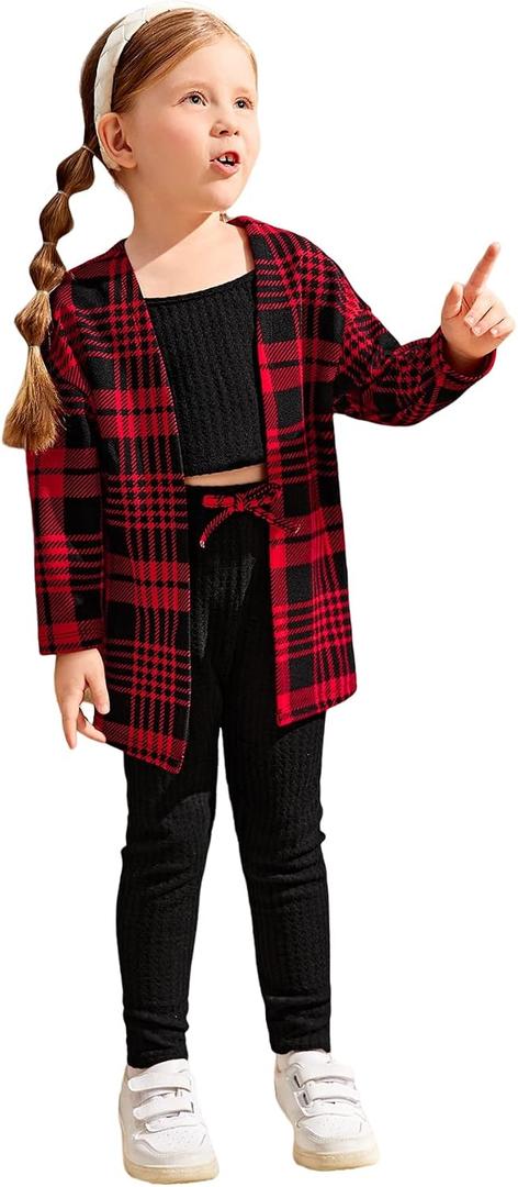WDIRARA Toddler Girl's 3 Pieces Plaid Open Front Top and and Cami and Leggings Set Black and Red 5Y