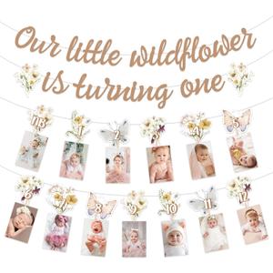 Jollyboom Wildflower First Birthday Decorations, Boho Our Little Wildflower is Turning One Banner Garland Photo Banner from Newborn to 12 Months for Floral Flower Theme Girls 1st Birthday Party Decor